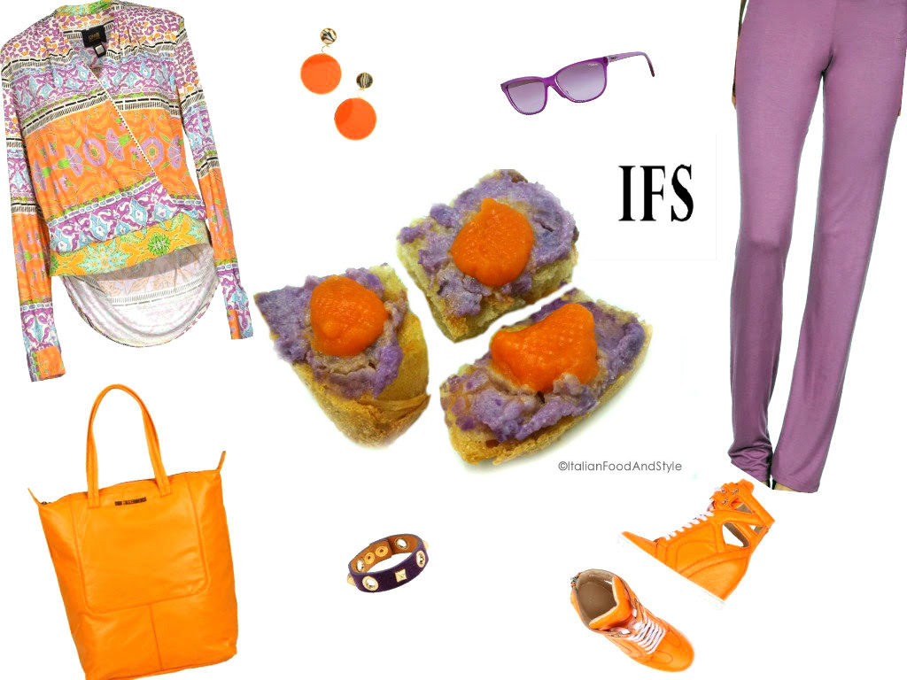 outfit viola e arancione